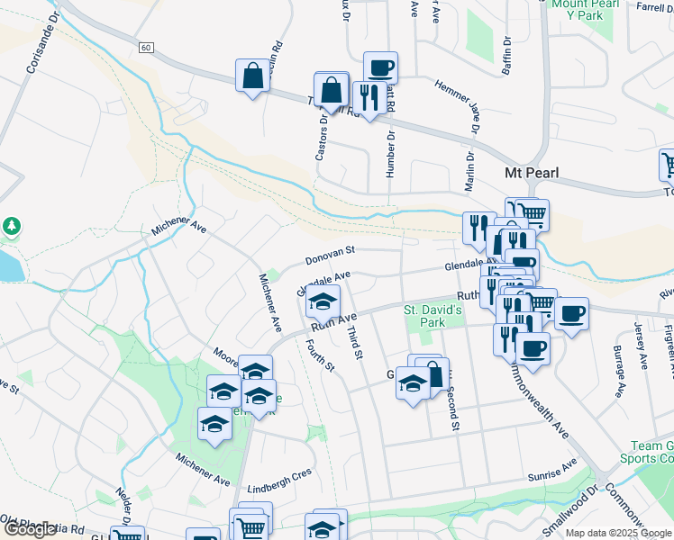 map of restaurants, bars, coffee shops, grocery stores, and more near 66 Glendale Avenue in Mount Pearl