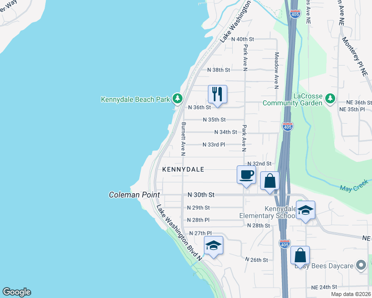 map of restaurants, bars, coffee shops, grocery stores, and more near 908 North 33rd Place in Renton
