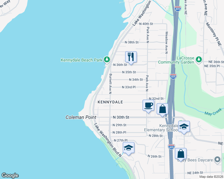 map of restaurants, bars, coffee shops, grocery stores, and more near 908 North 33rd Place in Renton