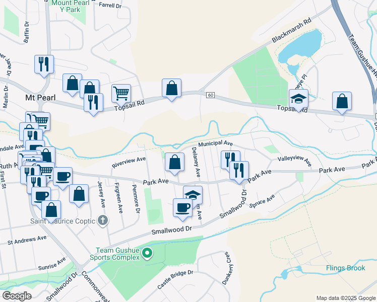 map of restaurants, bars, coffee shops, grocery stores, and more near 33 Municipal Avenue in Mount Pearl