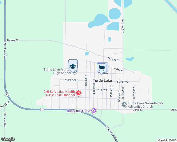map of restaurants, bars, coffee shops, grocery stores, and more near 129 Walnut Street in Turtle Lake