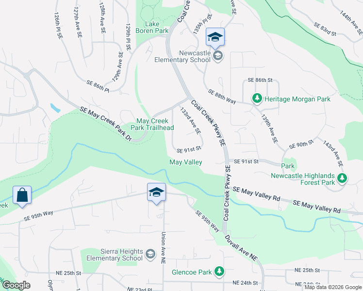 map of restaurants, bars, coffee shops, grocery stores, and more near 9012 132nd Place Southeast in Newcastle