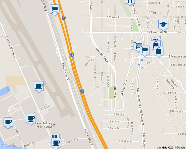map of restaurants, bars, coffee shops, grocery stores, and more near 9053 36th Avenue South in Seattle
