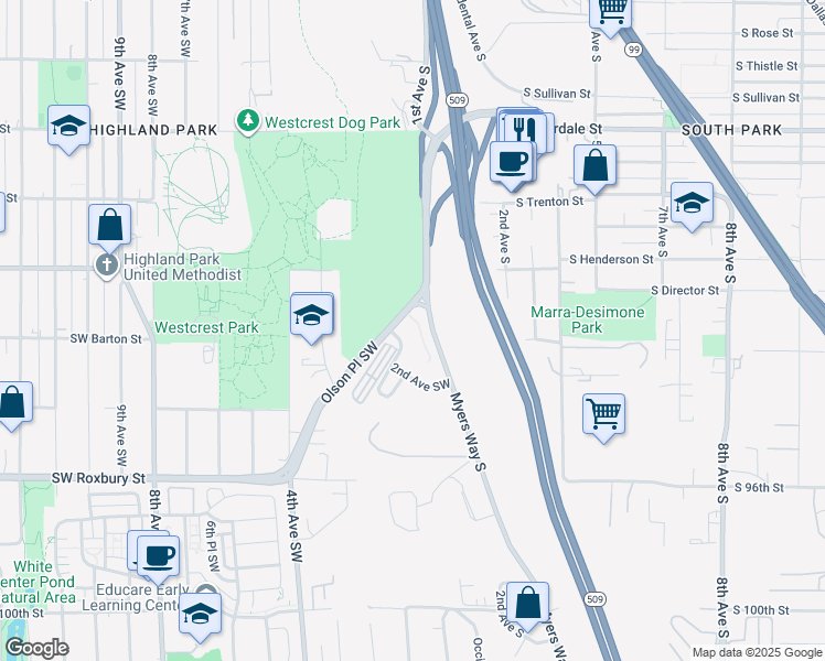 map of restaurants, bars, coffee shops, grocery stores, and more near 9200 2nd Avenue Southwest in Seattle