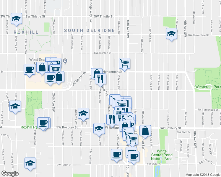 map of restaurants, bars, coffee shops, grocery stores, and more near 9049B 18th Avenue Southwest in Seattle