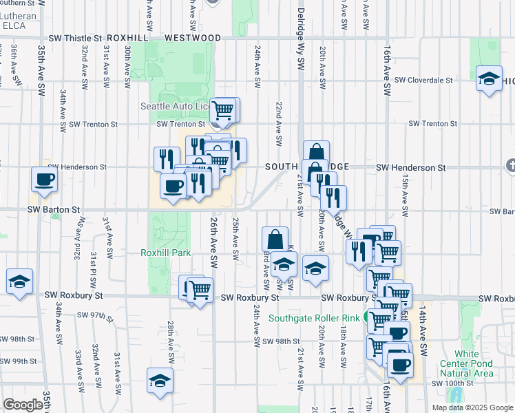 map of restaurants, bars, coffee shops, grocery stores, and more near 2200 Southwest Barton Street in Seattle