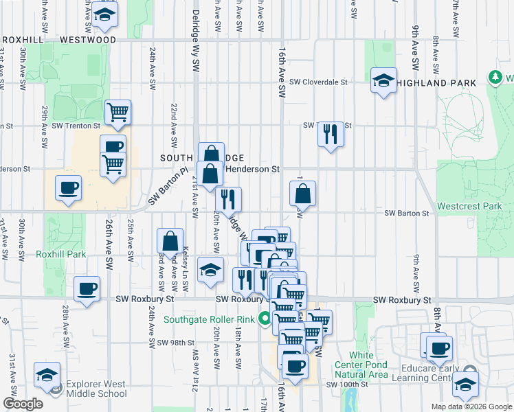 map of restaurants, bars, coffee shops, grocery stores, and more near 9050 17th Avenue Southwest in Seattle