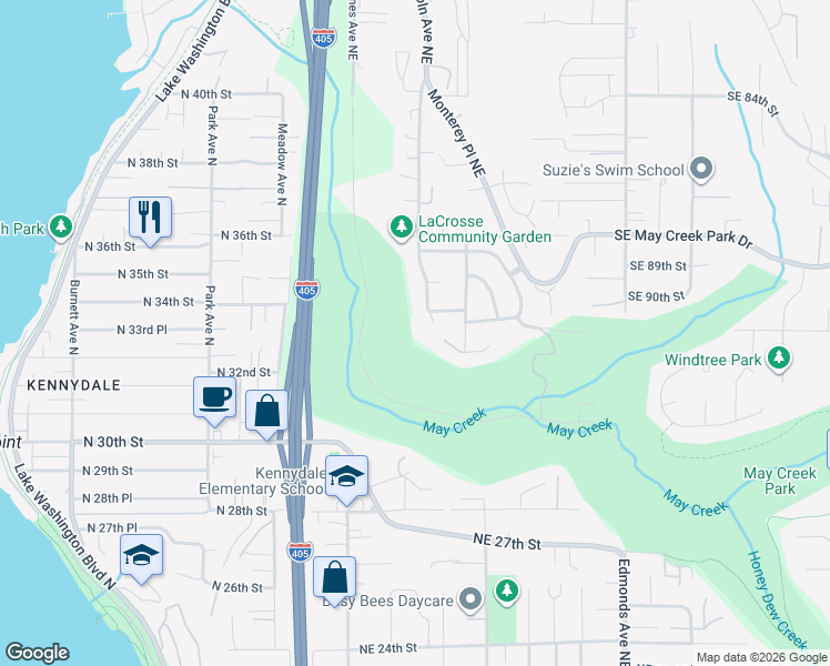 map of restaurants, bars, coffee shops, grocery stores, and more near 3311 Lincoln Avenue Northeast in Renton