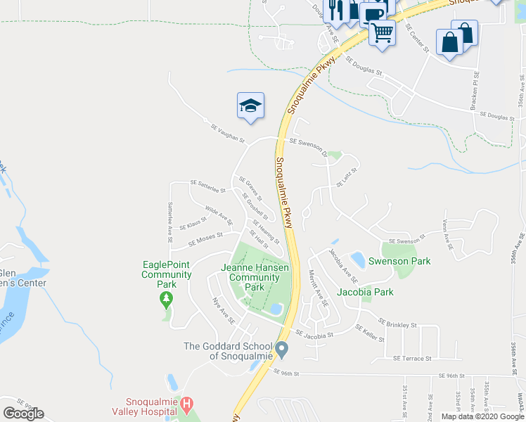 map of restaurants, bars, coffee shops, grocery stores, and more near 34414 SE Groshell St in Snoqualmie