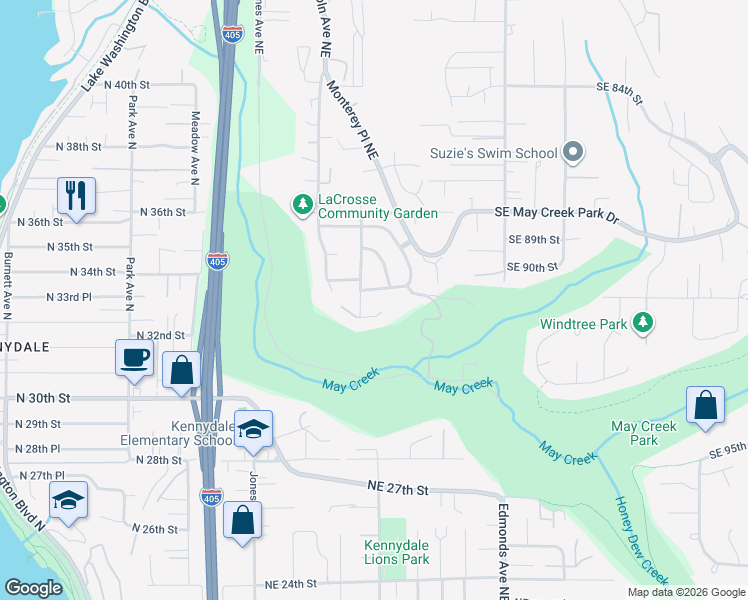 map of restaurants, bars, coffee shops, grocery stores, and more near 3306 Monterey Court Northeast in Renton