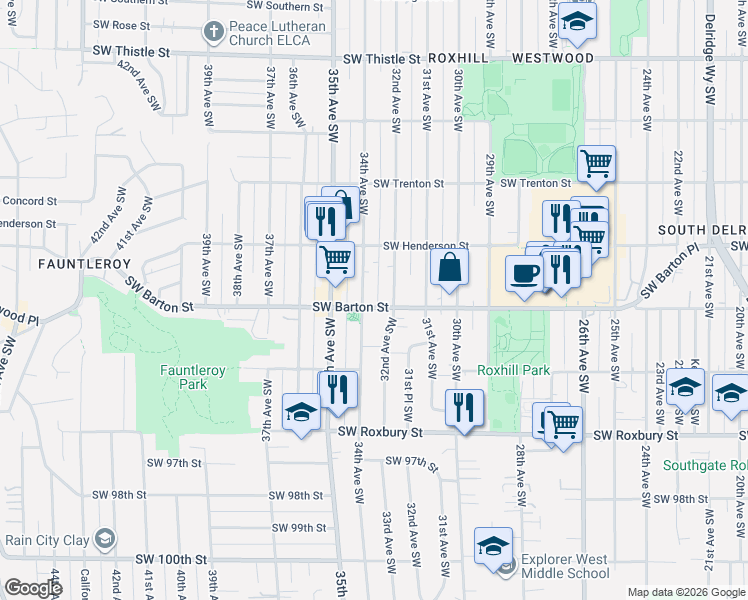 map of restaurants, bars, coffee shops, grocery stores, and more near 9043 32nd Avenue Southwest in Seattle
