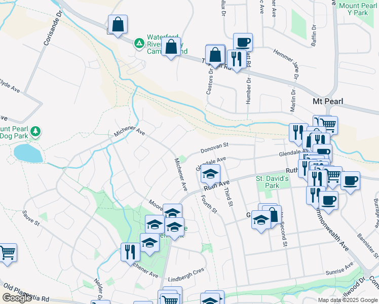 map of restaurants, bars, coffee shops, grocery stores, and more near 52 Donovan Street in Mount Pearl
