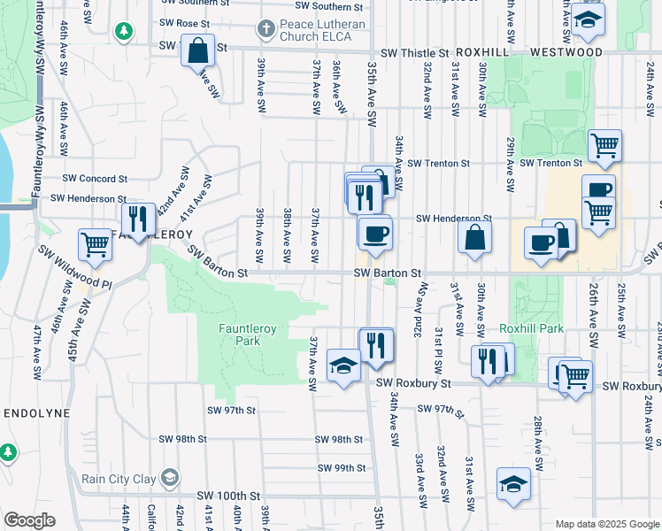 map of restaurants, bars, coffee shops, grocery stores, and more near 3610 Southwest Barton Street in Seattle