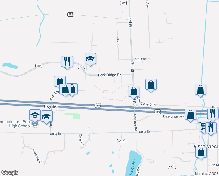 map of restaurants, bars, coffee shops, grocery stores, and more near 8537 Raintree Drive in Mountain Iron