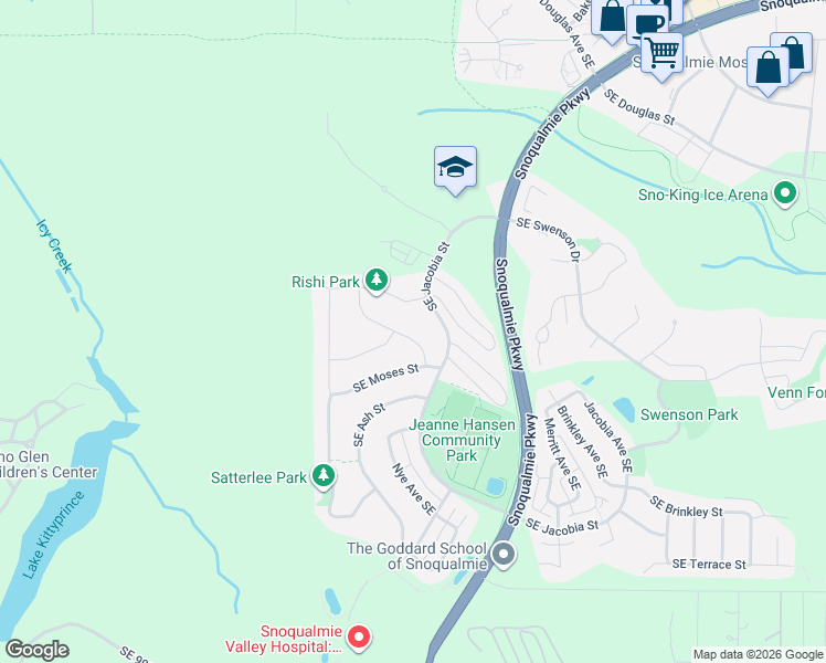 map of restaurants, bars, coffee shops, grocery stores, and more near 8828 Wilde Avenue Southeast in Snoqualmie