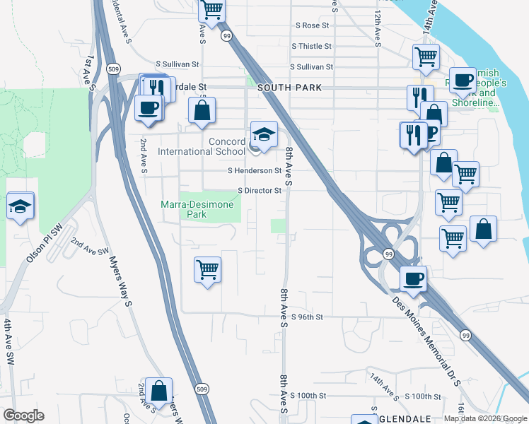 map of restaurants, bars, coffee shops, grocery stores, and more near 9124 7th Avenue South in Seattle