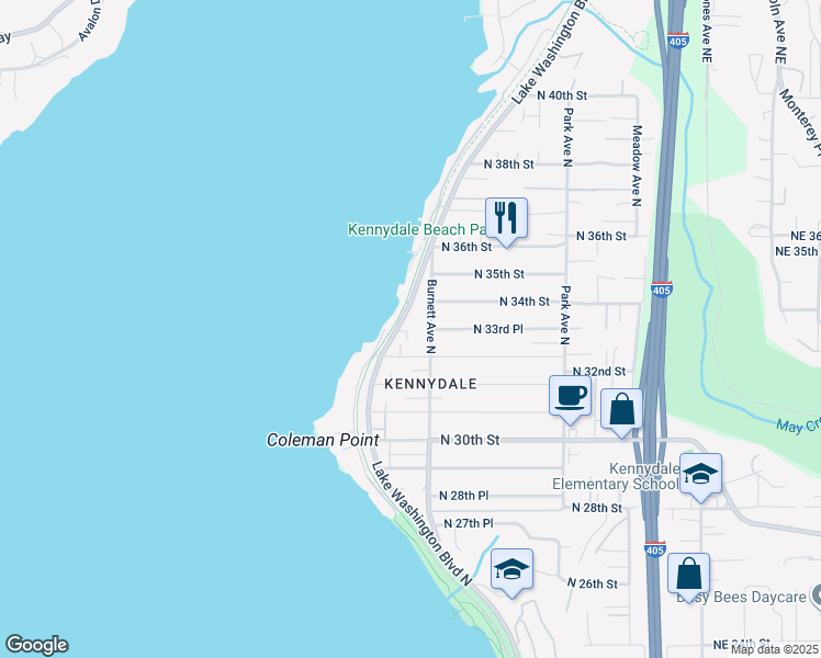 map of restaurants, bars, coffee shops, grocery stores, and more near 3310 Lake Washington Blvd N in Renton