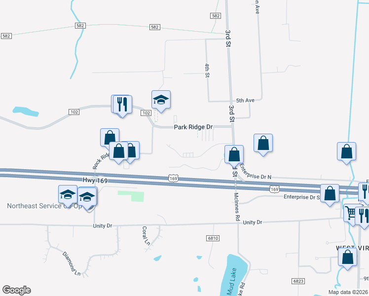map of restaurants, bars, coffee shops, grocery stores, and more near 8517 Raintree Drive in Mountain Iron