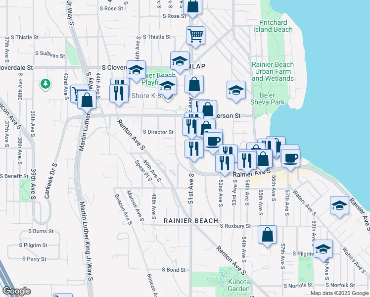 map of restaurants, bars, coffee shops, grocery stores, and more near 9125 Rainier Avenue South in Seattle