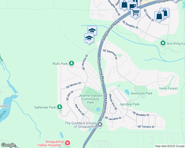 map of restaurants, bars, coffee shops, grocery stores, and more near 34414 SE Groshell St in Snoqualmie