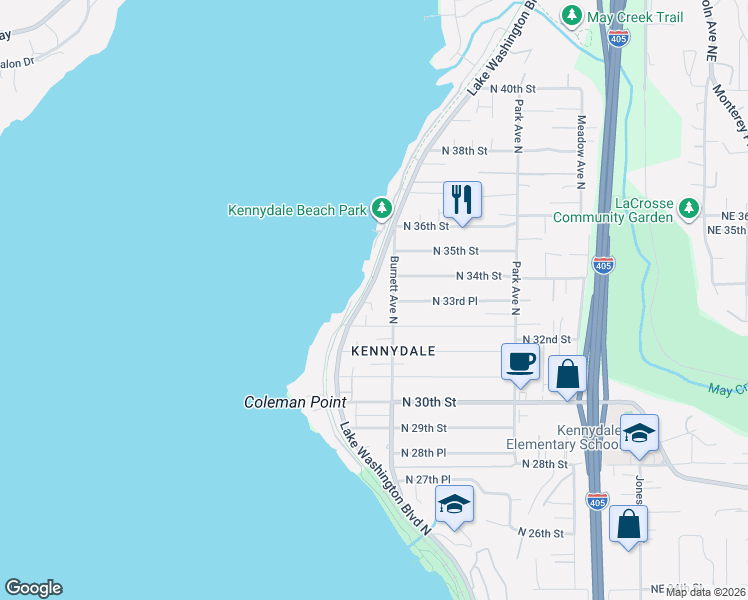 map of restaurants, bars, coffee shops, grocery stores, and more near 3310 Lake Washington Boulevard North in Renton