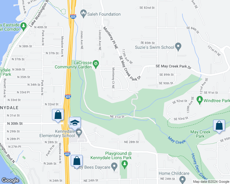 map of restaurants, bars, coffee shops, grocery stores, and more near 3306 Monterey Court Northeast in Renton