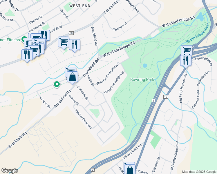 map of restaurants, bars, coffee shops, grocery stores, and more near 16 Waterford Heights South in St. John's