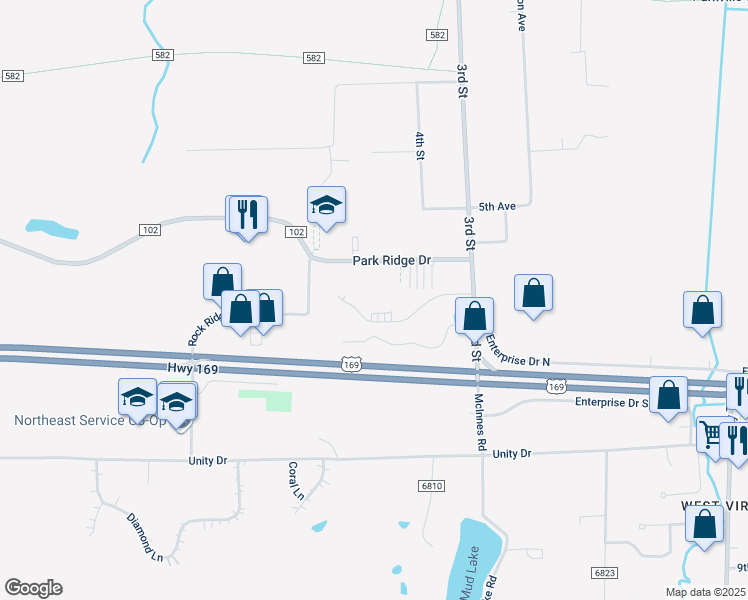 map of restaurants, bars, coffee shops, grocery stores, and more near 8517-8599 Raintree Drive in Mountain Iron