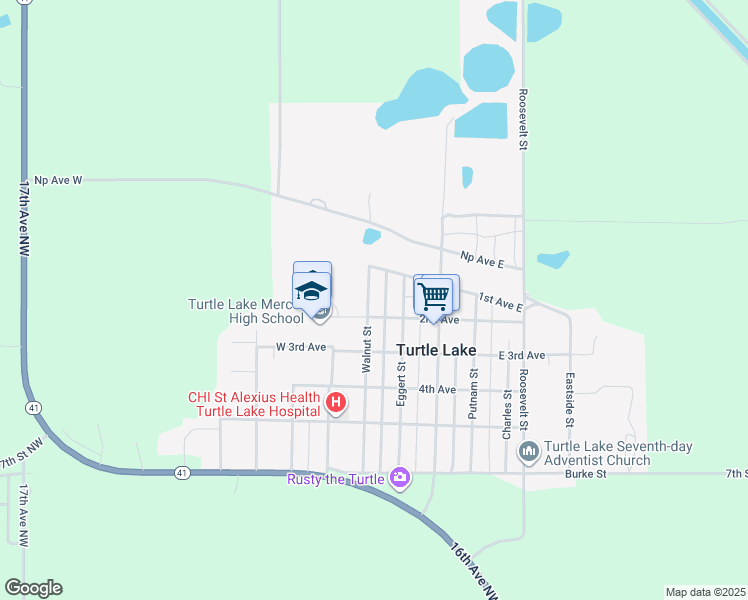 map of restaurants, bars, coffee shops, grocery stores, and more near 129 Walnut Street in Turtle Lake