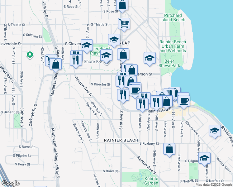map of restaurants, bars, coffee shops, grocery stores, and more near 9125 Rainier Avenue South in Seattle