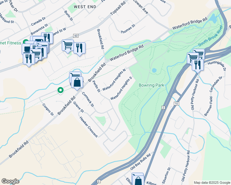 map of restaurants, bars, coffee shops, grocery stores, and more near 16 Waterford Heights South in St. John's