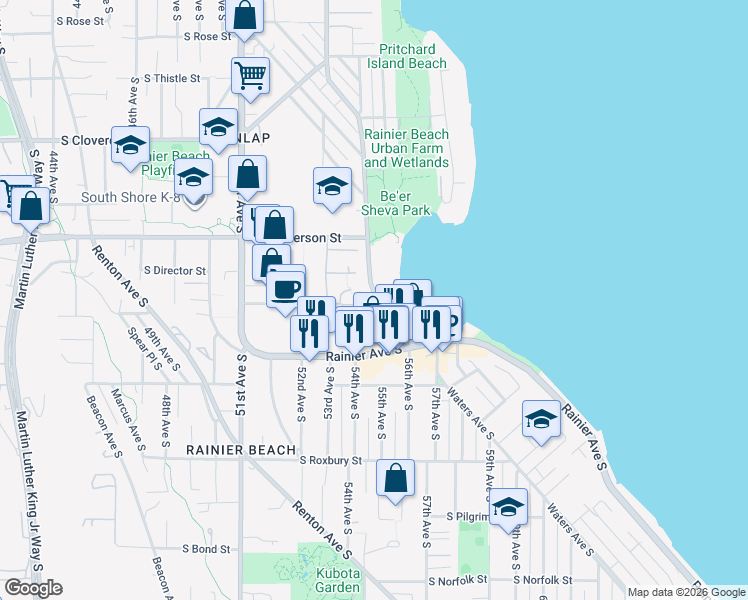 map of restaurants, bars, coffee shops, grocery stores, and more near 9061 Seward Park Avenue South in Seattle