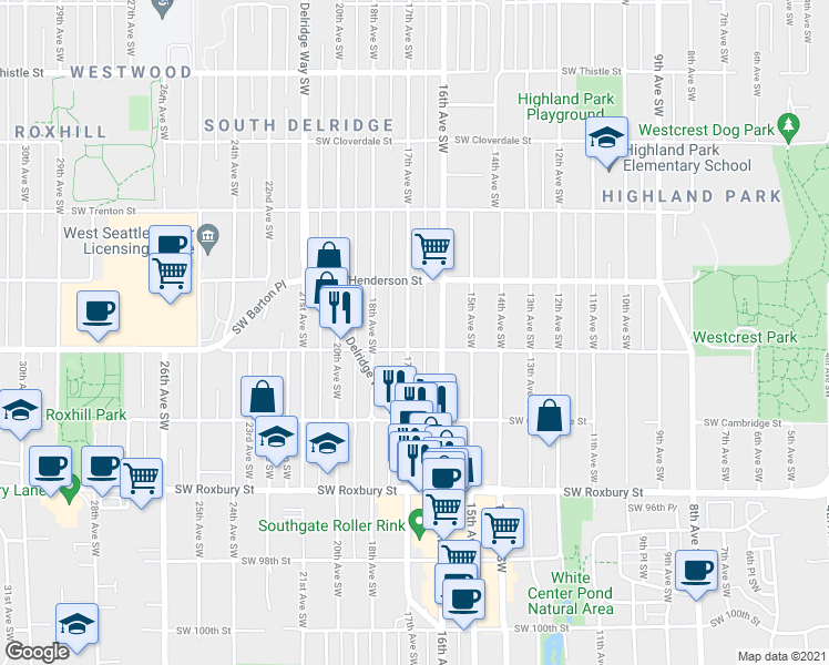 map of restaurants, bars, coffee shops, grocery stores, and more near 9050 17th Avenue Southwest in Seattle