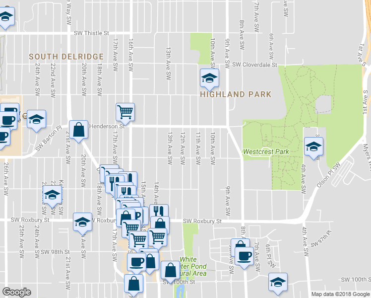 map of restaurants, bars, coffee shops, grocery stores, and more near 9044 12th Avenue Southwest in Seattle