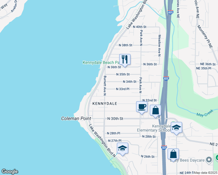 map of restaurants, bars, coffee shops, grocery stores, and more near 908 North 33rd Place in Renton