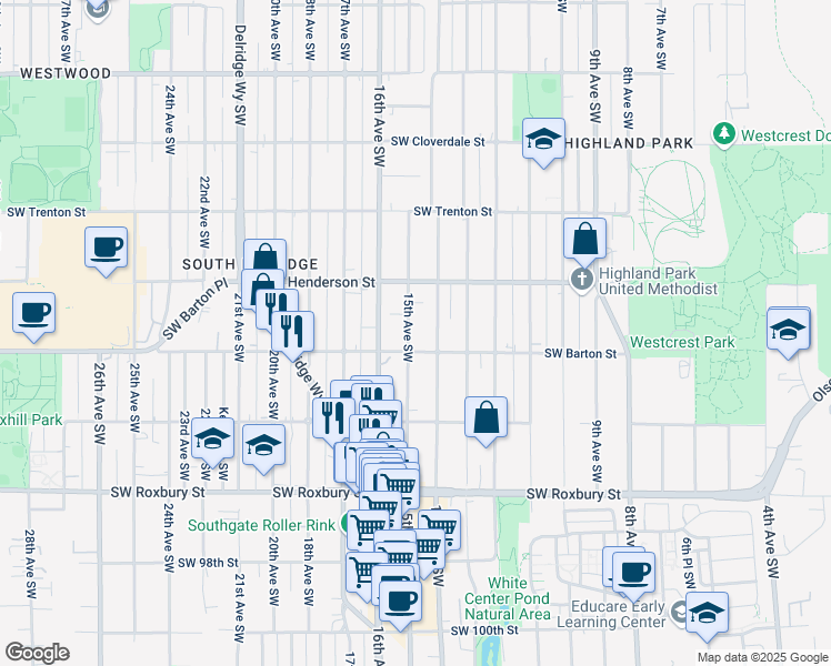map of restaurants, bars, coffee shops, grocery stores, and more near 9042 15th Avenue Southwest in Seattle