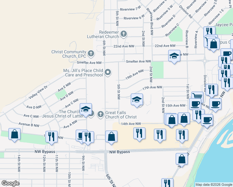 map of restaurants, bars, coffee shops, grocery stores, and more near 1704 5th Street Northwest in Great Falls
