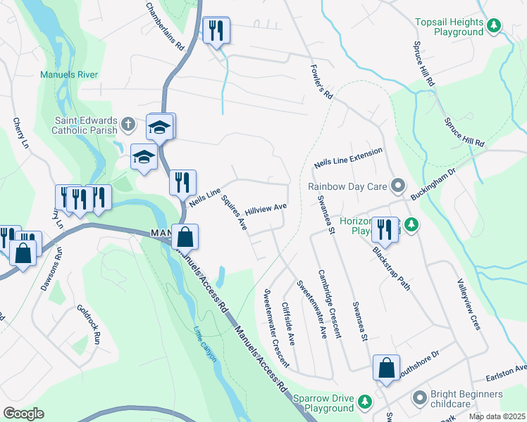 map of restaurants, bars, coffee shops, grocery stores, and more near 25 Hillview Avenue in Conception Bay South