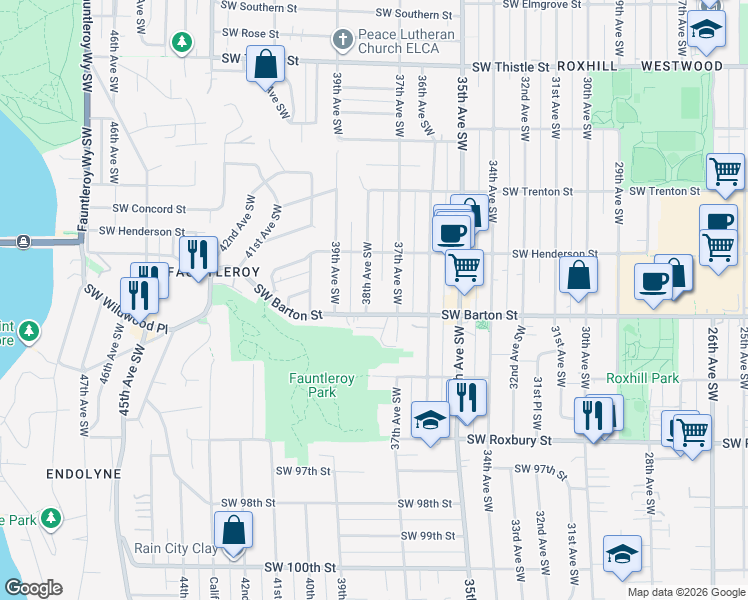 map of restaurants, bars, coffee shops, grocery stores, and more near 9046 38th Avenue Southwest in Seattle