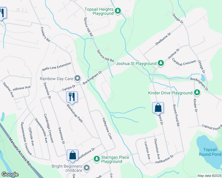 map of restaurants, bars, coffee shops, grocery stores, and more near 19 Blue Spruce Drive in Conception Bay South