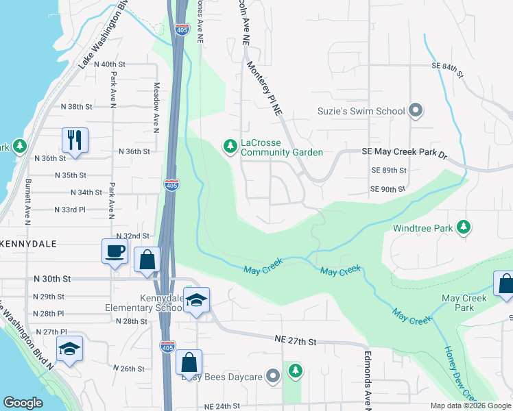 map of restaurants, bars, coffee shops, grocery stores, and more near 3316 Lincoln Avenue Northeast in Renton