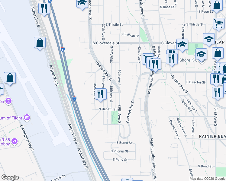 map of restaurants, bars, coffee shops, grocery stores, and more near 9024 38th Avenue South in Seattle