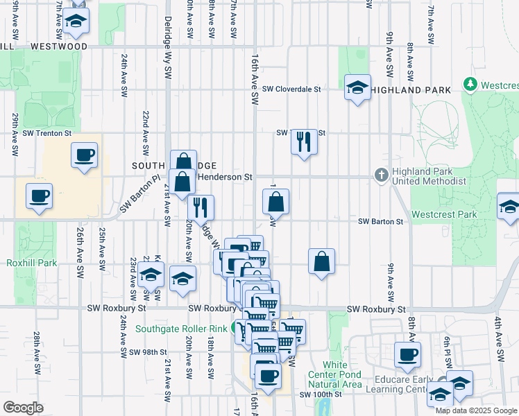 map of restaurants, bars, coffee shops, grocery stores, and more near 9056 16th Avenue Southwest in Seattle