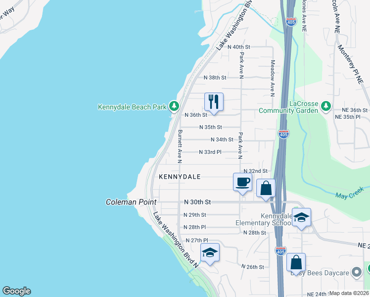 map of restaurants, bars, coffee shops, grocery stores, and more near 908 North 33rd Place in Renton