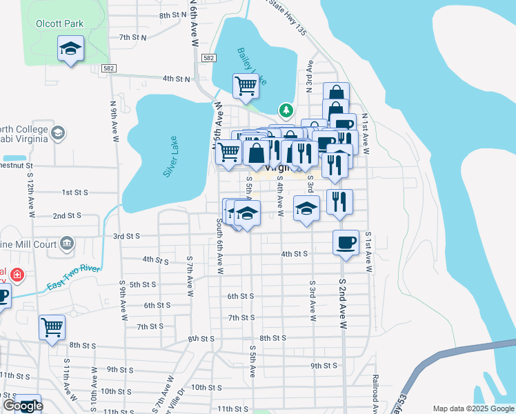 map of restaurants, bars, coffee shops, grocery stores, and more near 212 South 5th Avenue in Virginia