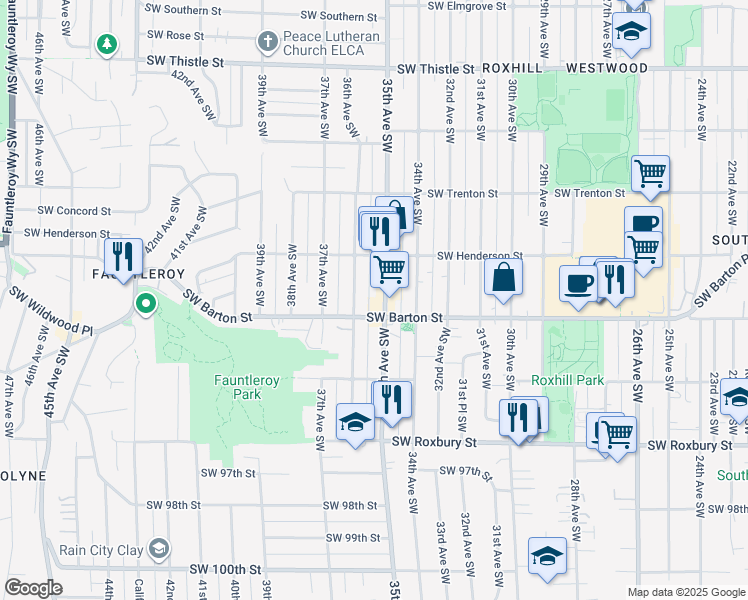 map of restaurants, bars, coffee shops, grocery stores, and more near 9046 36th Avenue Southwest in Seattle