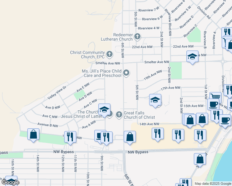 map of restaurants, bars, coffee shops, grocery stores, and more near 1712 6th Street Northwest in Great Falls