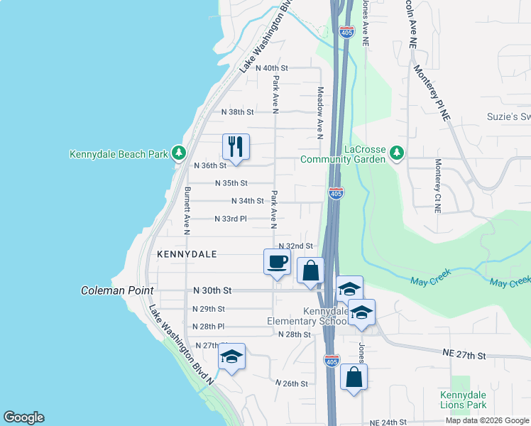 map of restaurants, bars, coffee shops, grocery stores, and more near 3315 Park Avenue North in Renton