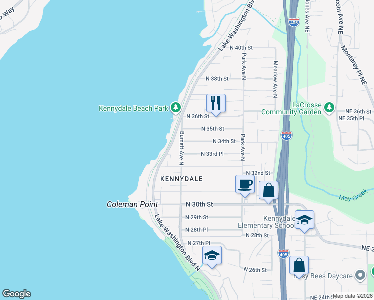 map of restaurants, bars, coffee shops, grocery stores, and more near 908 North 33rd Place in Renton