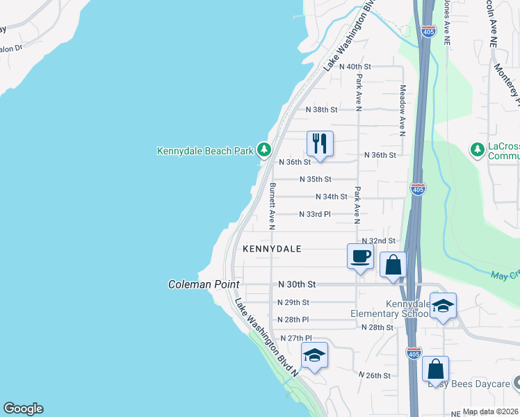 map of restaurants, bars, coffee shops, grocery stores, and more near 3310 Lake Washington Boulevard North in Renton